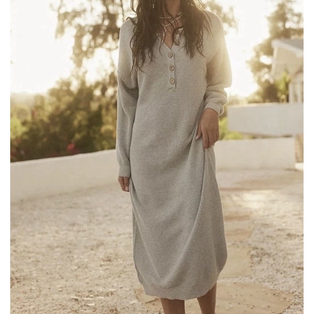 Free People Beach Women's Hailee Sweater Midi Dress L Gray Stretch Boho Relaxed